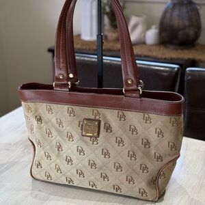 Dooney & Bourke Tan and Brown Quilted DB Canvas Tote
